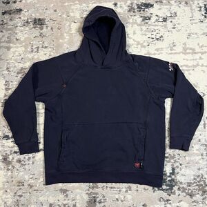 Ariat FR Navy Pullover Hoodie CAT2 NFPA 2112 Men Sz L Fire Resistant Distressed